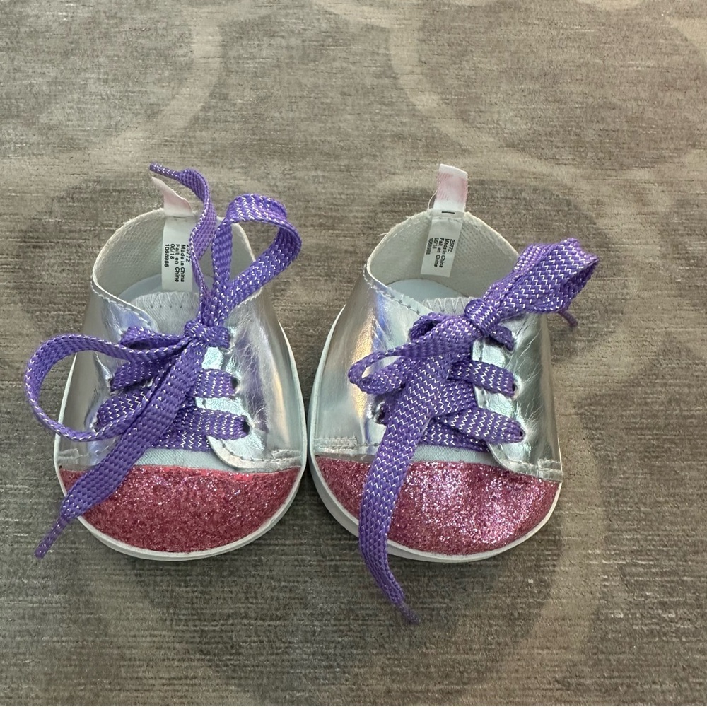 Build-A-Bear Silver Shoes w Pink Glitter and Purple Laces